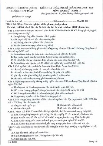 Đề thi Giữa kì 1 Lịch sử 11 năm 2024-2025 trường THPT Dĩ An (Bình Dương)